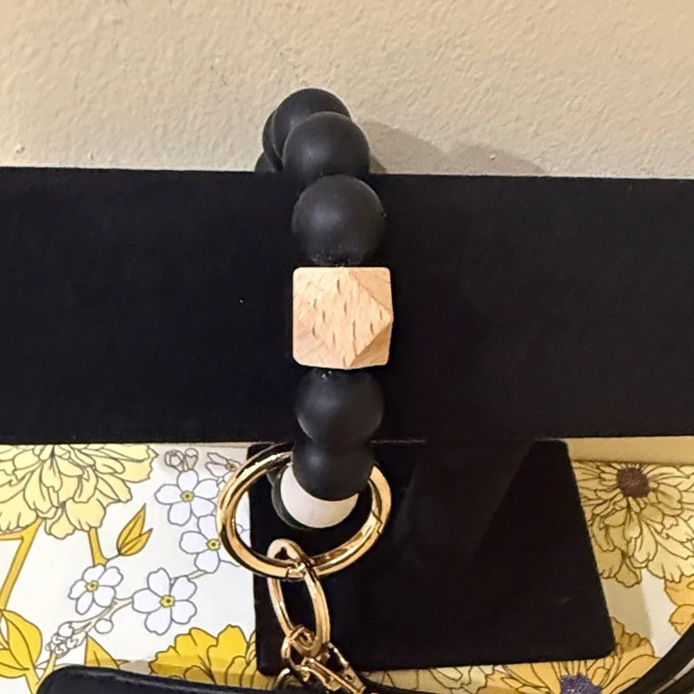 Black Quilted Wallet / Card Holder with a Tassel and Stretchy Beaded Bracelet